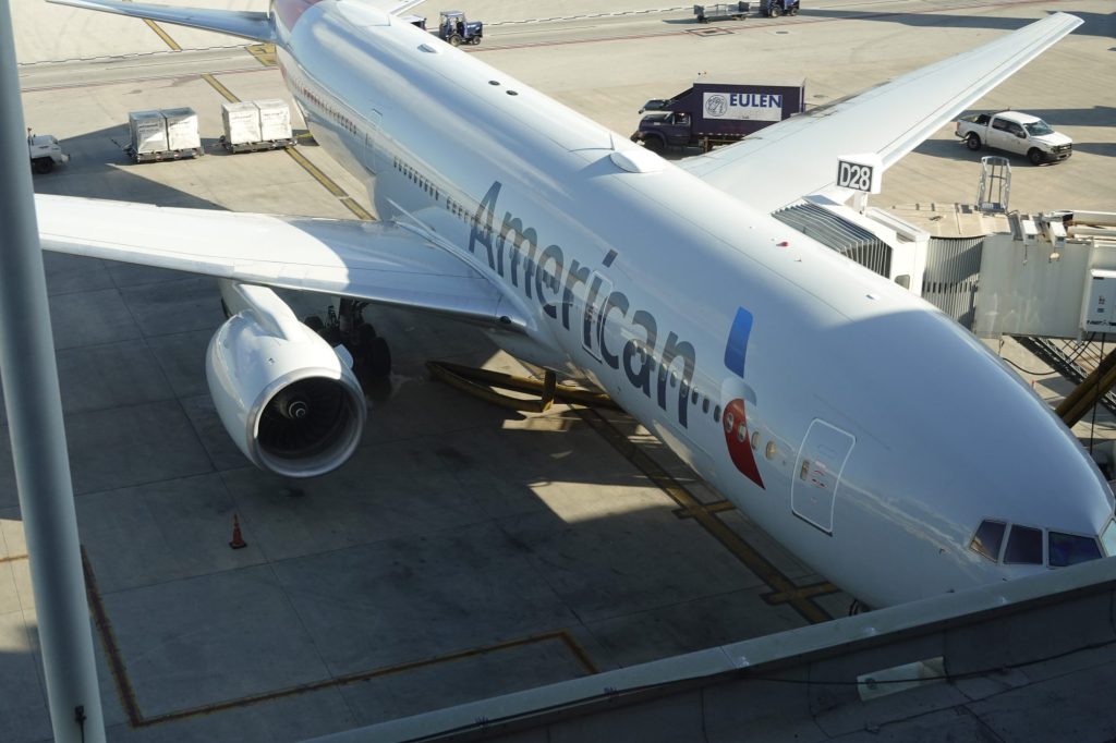 An American Airline plane lands near its gate at Miami International Airport on October 25, 2024 in Miami, Florida.